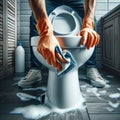 A man wearing orange gloves cleaning a toilet with a brush and cleaning solution. The floor is covered with foam