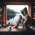 A man wearing an oversized hoodie is sitting on a window of a cabin woods looking out the window