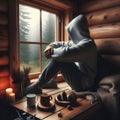 A man wearing an oversized hoodie is sitting on a window of a cabin woods looking out the window