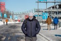 Man wearing protection mask walking in Old Montreal during Coronavirus Pandemic Royalty Free Stock Photo