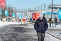 Man wearing protection mask walking in Old Montreal Royalty Free Stock Photo