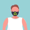 Man wearing protective face mask with recycle sign smog air pollution virus protection recycling concept guy profile