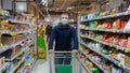 A man wearing a protective face mask in a shopping mall. A customer walking with a cart in a supermarket Royalty Free Stock Photo