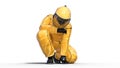 Man wearing protective hazmat suit crouching, human with gas mask dressed in biohazard outfit for chemical and toxic protection