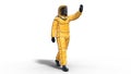 Man wearing protective hazmat suit waving, human with gas mask dressed in biohazard outfit for chemical and toxic protection, 3D