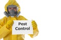 Man wearing protective suit holding sign PEST CONTROL on white background Royalty Free Stock Photo