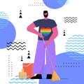 man wearing rainbow LGBT t-shirt guy sweeping floor transgender love housework concept Royalty Free Stock Photo