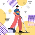 man wearing rainbow LGBT t-shirt guy vacuuming floor transgender love housework concept