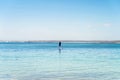 Man wearing rash guard on a stand-up paddle board at the ocean bay in Australia. SUP water sport activity Royalty Free Stock Photo