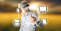 Man wearing a reality virtual headset touching a device connection concept on a touch screen Royalty Free Stock Photo