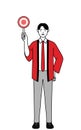 Man wearing a red happi coat holding a maru placard that shows the correct answer