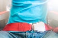 Man wearing red seat belt. Safety measures. Royalty Free Stock Photo