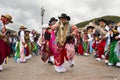 Man wearing traditional clothes and masks dancing the Huaylia in the Christmas day in front of the Cuzco Cathedral in Cuzco, Peru.