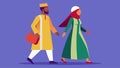 A man wearing a traditional Djellaba and fez walking beside a woman in a brightly colored South African shweshwe dress