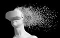 Man Wearing Virtual Reality Glasses Disintegrates On 3D Pixels Isolated Over Black Background