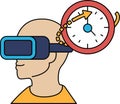 A man wearing a virtual reality headset with a clock on his head Royalty Free Stock Photo