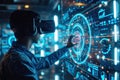 A man wearing a virtual reality headset engages in an immersive experience, Virtual reality scene depicting cybersecurity training