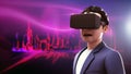 Man wearing virtual reality headset on light neon cityscape background.