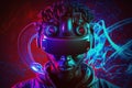 Man wearing a virtual reality helmet, abstract color technology neon background, wallpaper