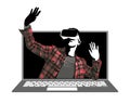 Man wearing VR glasses, hands up, come out from the laptop