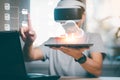 Man wearing VR glasses virtual touch connect to data information on the Cloud Computing Technology Internet Storage Network Royalty Free Stock Photo