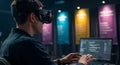 Man wearing vr headset coding on laptop displaying program code Royalty Free Stock Photo