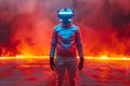 A man wearing a VR helmet stands before an electric blue fire in a CG artwork