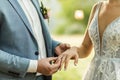 Man wearing wedding ring on woman hand close up. Wedding ceremony vows. Royalty Free Stock Photo