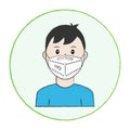 The man is wearing a white FFP2 protective mask without a valve with writing on it. Multicolored hand-drawn illustration with penc