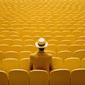 a man wearing a yellow hat on a yellow sit