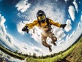 Man wearing a yellow jumpsuit and helmet skydiving against a bright blue sky. AI-generated.