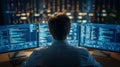 Man web developer working on computer with several monitors image, ai generated Royalty Free Stock Photo
