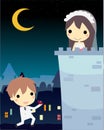 man in wedding suit propose to his love,stand in castle.cute vector