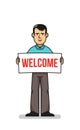 Man with welcome sign