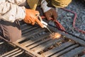 Man Welding in Workshop Sparks Metalwork Construction Industrial Royalty Free Stock Photo