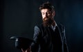 Man well groomed bearded gentleman on dark background. Male fashion and menswear. Formal suit classic style outfit Royalty Free Stock Photo