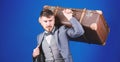 Man well groomed bearded hipster with big suitcase. Take all your things with you. Heavy suitcase. Delivery service Royalty Free Stock Photo