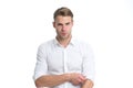 Man well groomed unbuttoned white collar elegant shirt isolated white background. Macho confident ready work office. Guy