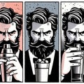 Bearded man with styled hair drinks from shaker with a mustache