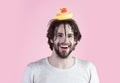 Man with wet hair and duckling washing face. Morning washing, wake up, everyday life. Hygiene, guy wash happy face Royalty Free Stock Photo