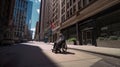 A man in a wheel chair on a city street. AI generative image