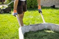 Man with a wheelbarrow of freshly cut grass. Person mows the lawn in the backyard. Royalty Free Stock Photo