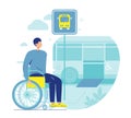 Man in wheelchair boarding city bus with access ramp. Public transport accessibility. Barrier free environment, vector. Royalty Free Stock Photo