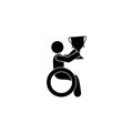 Man in a wheelchair holds a cup in his hands, isolated disabled person icon with a prize