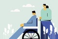 A woman accompanying an man sitting in a wheel chair in the outdoor Royalty Free Stock Photo