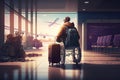 man in wheelchair, surrounded by luggage and travel accessories, making his way through airport terminal