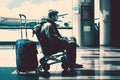 man in wheelchair with travel bag, waiting for his flight at busy airport