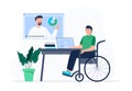 A man in the wheelchair watches video lessons. Online education, e-learning, studying at home. Vector flat illustration.