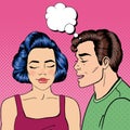 Man Whispering Secret to his Girlfriend. Happy Couple. Pop Art Royalty Free Stock Photo