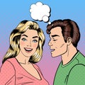 Man Whispering Secret to his Girlfriend. Happy Couple. Pop Art Royalty Free Stock Photo